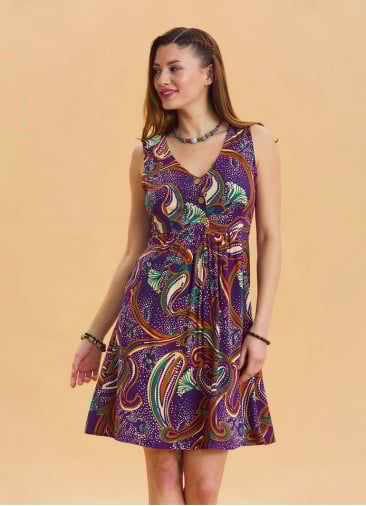 V Neck Button Detail Sleeveless Purple Bohemian Dress 4579